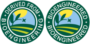 Two circular Bioengineered labels placed next to each other. The first one reads, Derived from Bioengineering. The second one reads, Bioengineered.