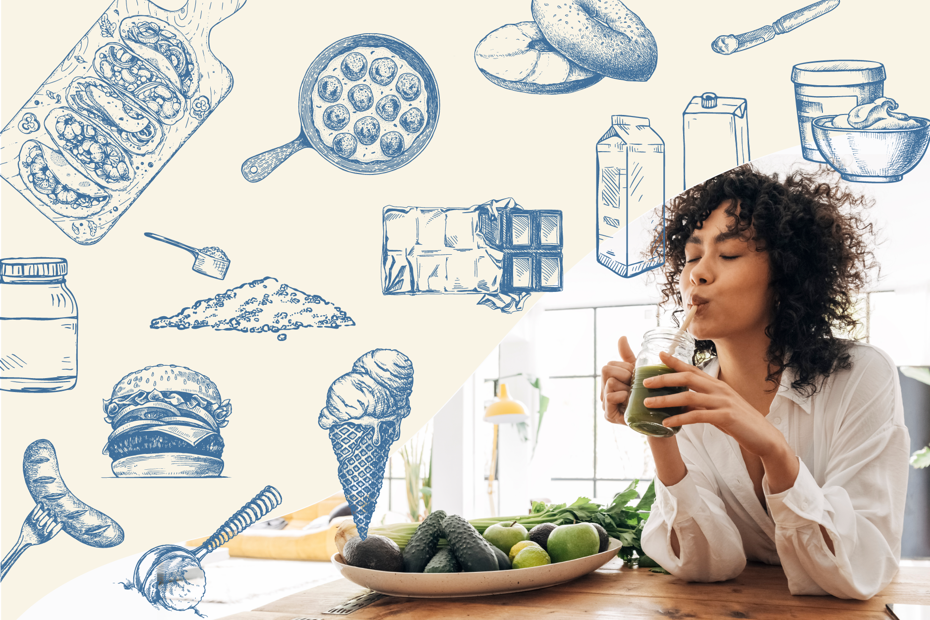 A young woman is seated at a table enjoying a healthy smoothie. There is a tray filled with fruit and vegetables on the table in front of her. The background shows illustrations of a variety of foods and dishes.the table