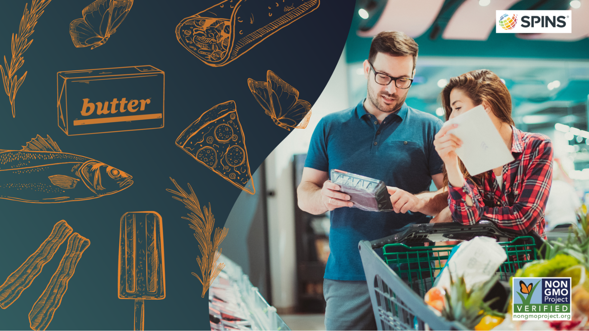 A man and woman standing together in a grocery store next to their shopping cart looking at meat produce