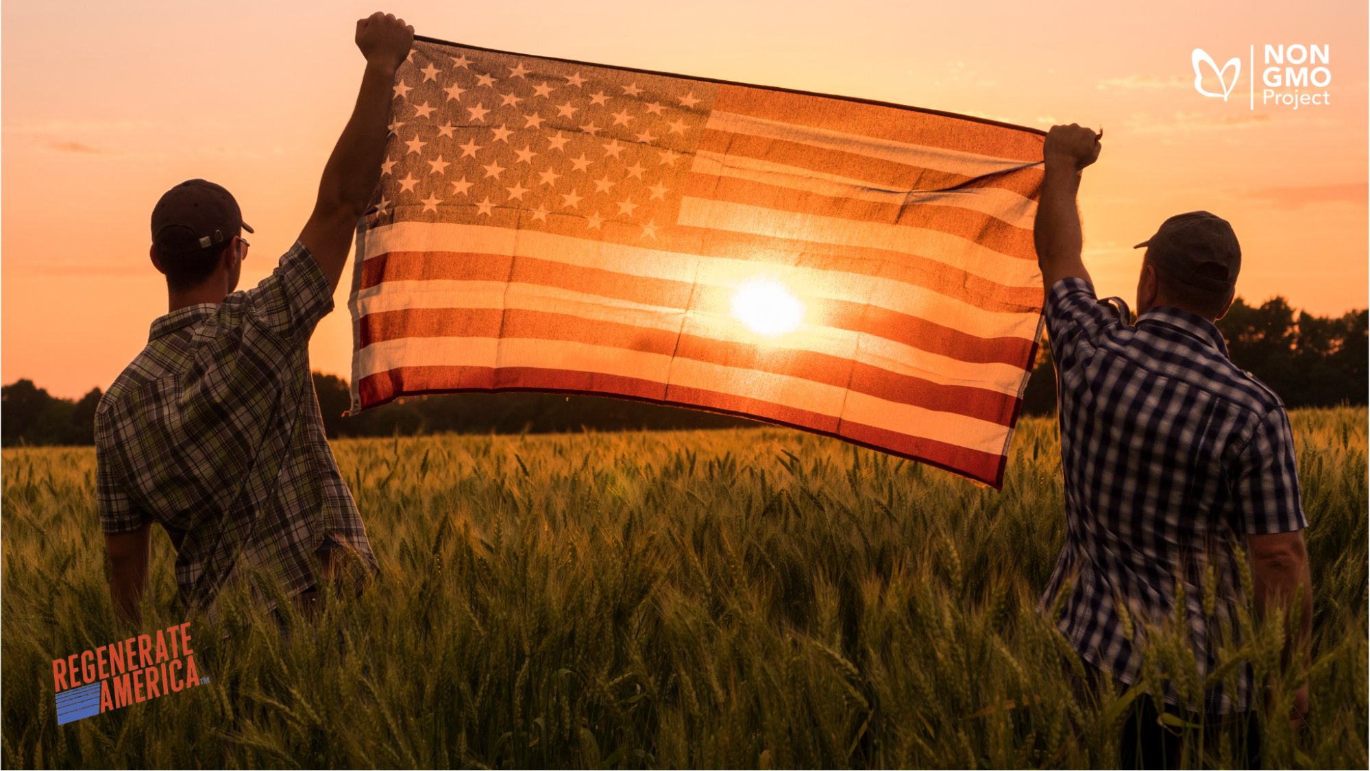 Two men holding the American flag, standing in an agricultural field