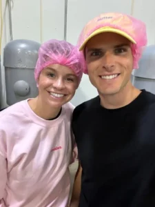 Bakr founder and husband at the factory where cookie dough is made.