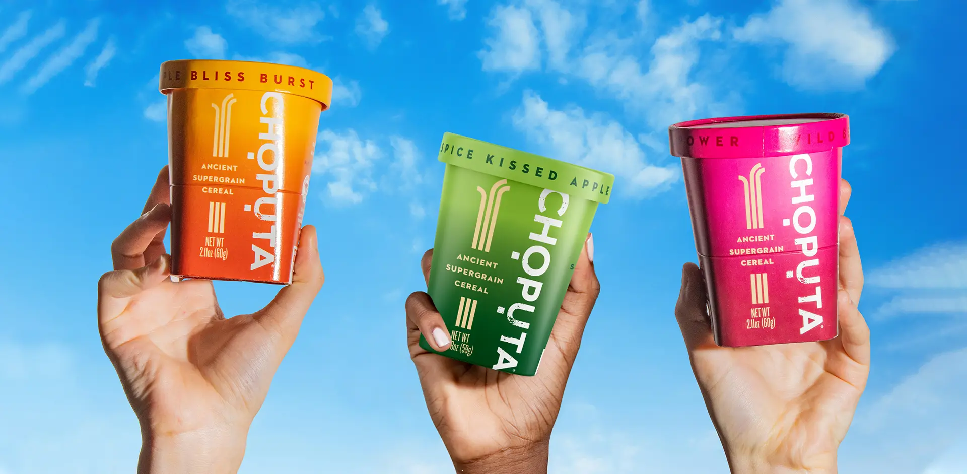 Three hands displaying three distinct Choputa cereal product flavors