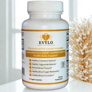 A bottle of EVYLO supplements for heart and metabolic health support, with a white interior in the background.