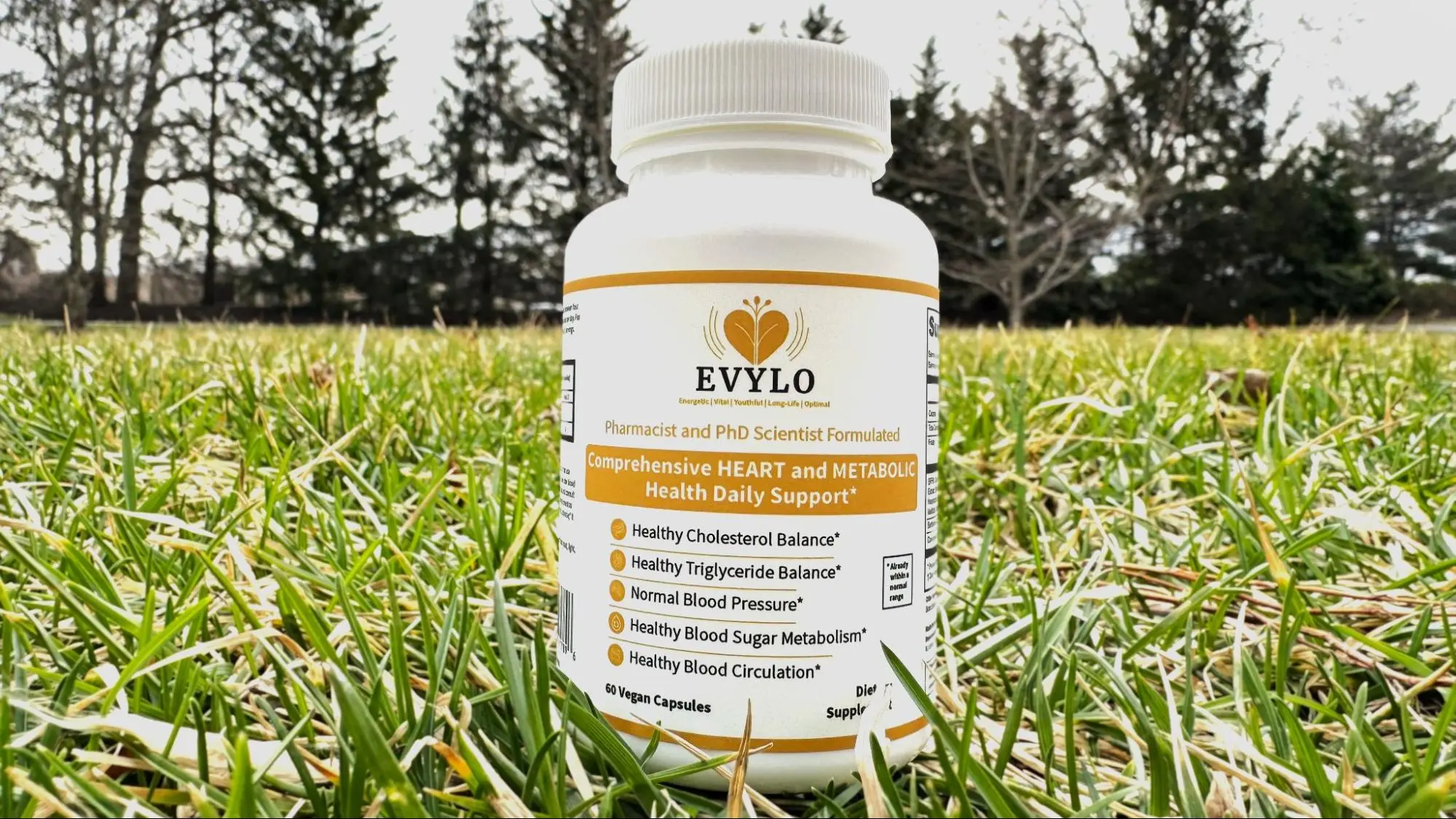 A bottle of EVYLO supplements sits on a grassy field with trees in the background.