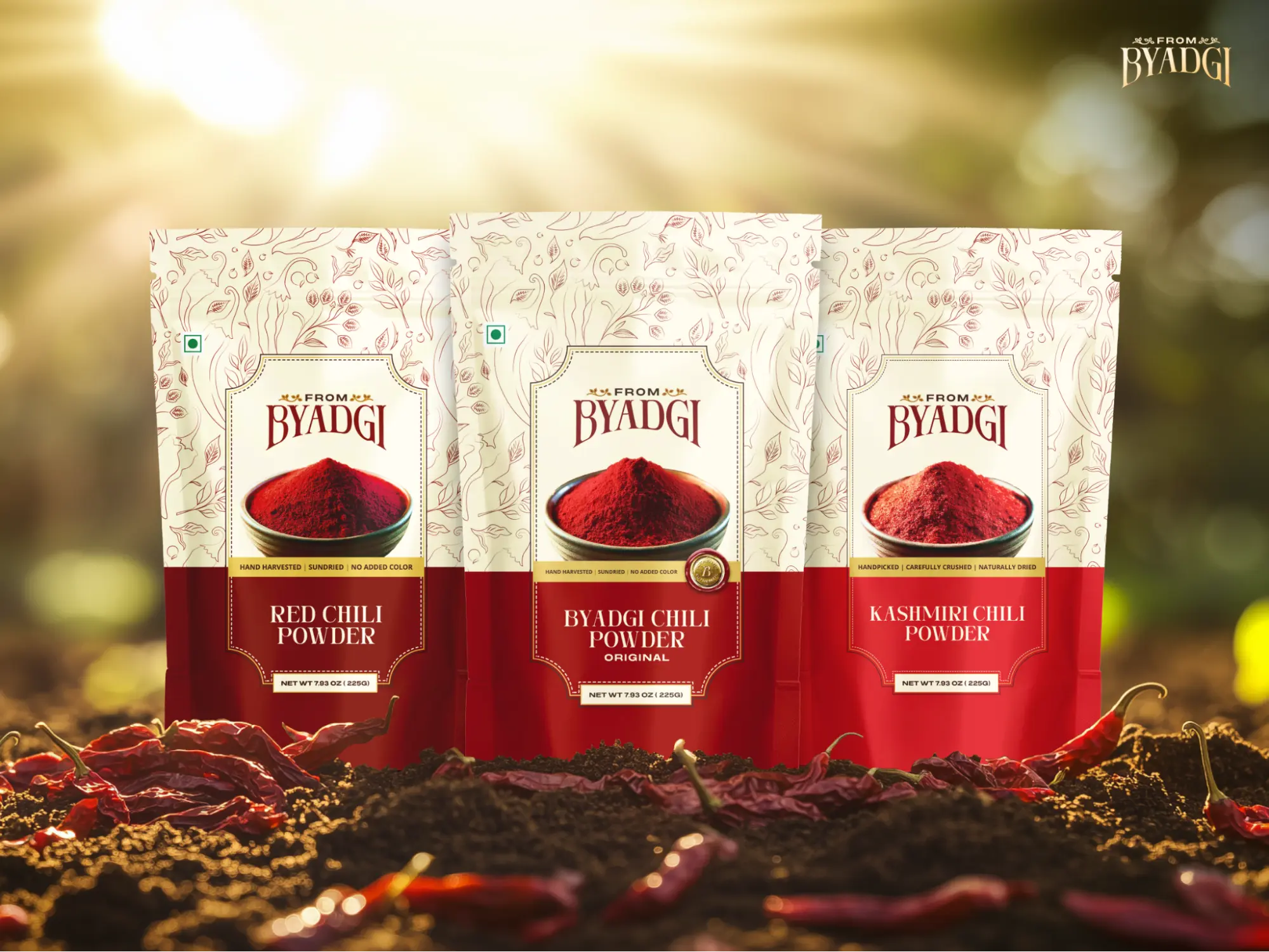 Three packages of From Byadgi Chili Powder.