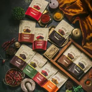 Aerial view of From Byadgi products, with bowls of spices, chilies and chili powder and traditional foods and equipment.