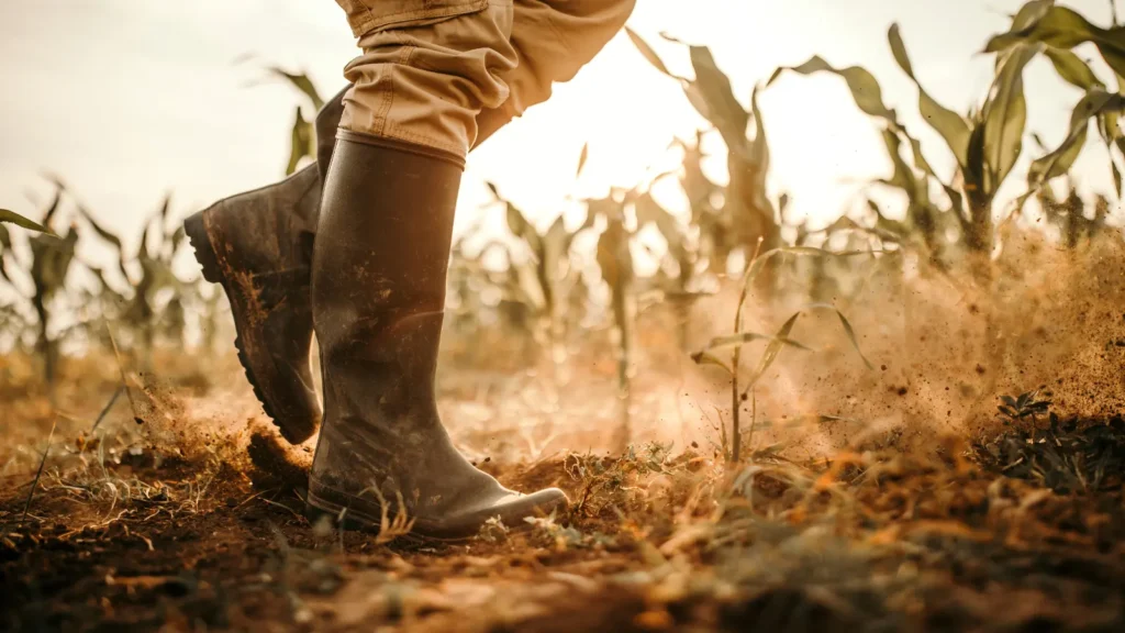 A person wearing rubber boots stands in a corn field, surrounded by tall green corn plants under a clear blue sky