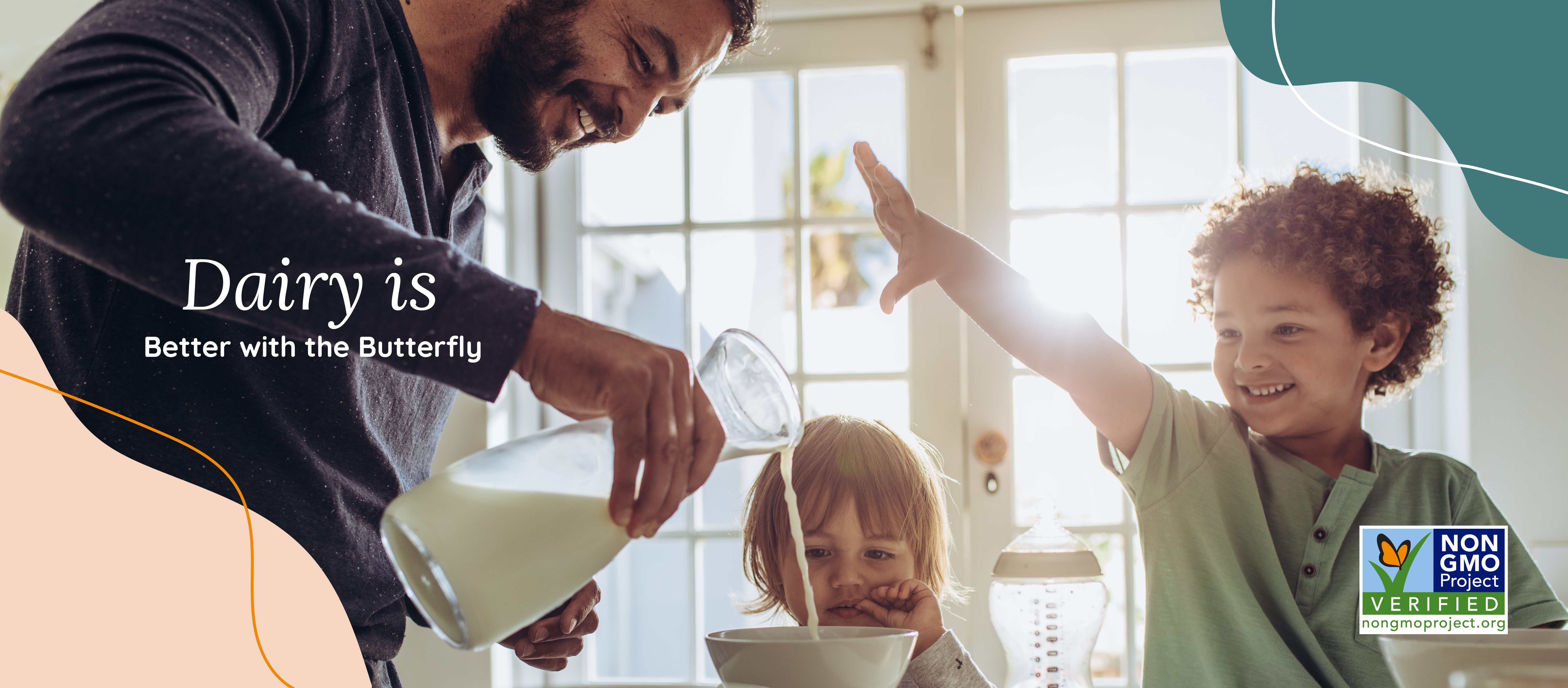 BIPOC father pouring milk in a bowl with his two kids watching over