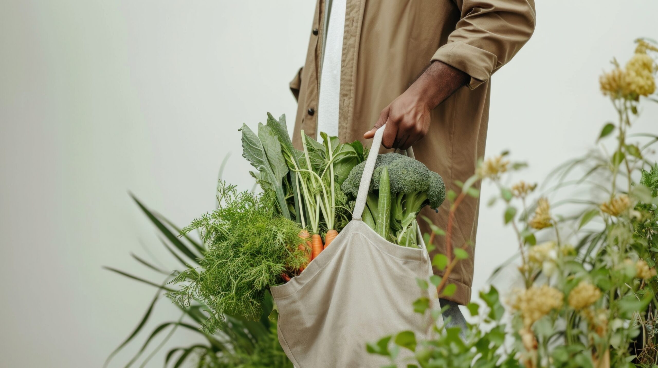 A man with a sustainable fabric bag brimming with veggies navigates the farmers market.