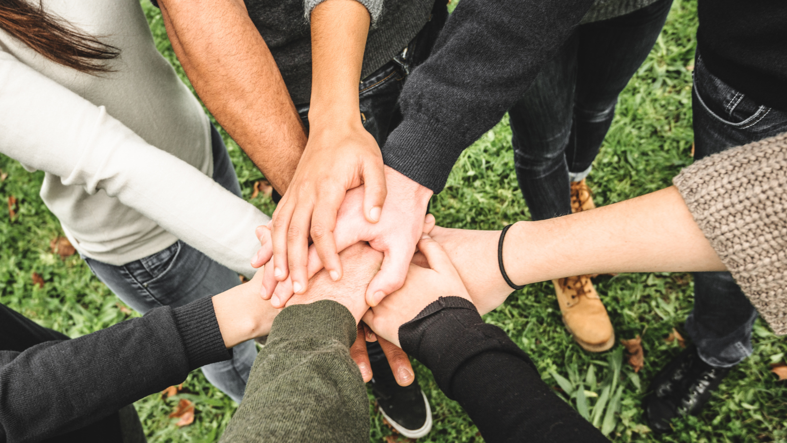 A diverse group of people standing in a circle, joining hands, symbolizing unity and togetherness.