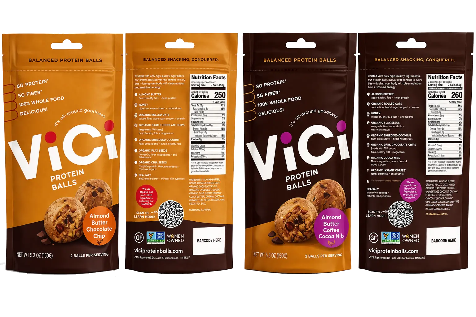 Front and back views of Vici Protein Balls products in two flavors: Almond Butter Chocolate Chip and Almond Butter Coffee Cocoa Nib.